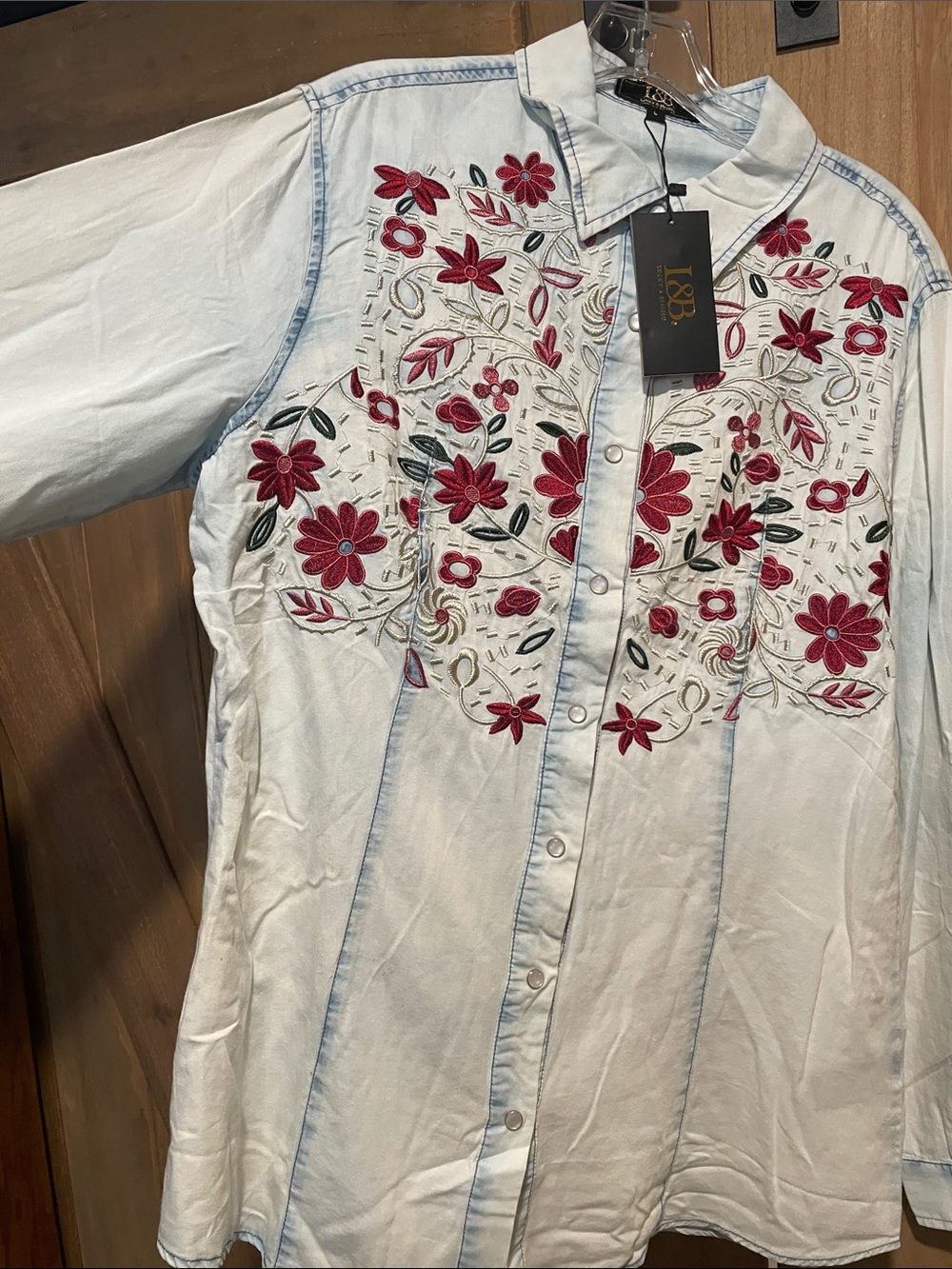Lucky & Blessed Light Wash Denim Button-Down with Red Floral Embroidery - Picture 7 of 8